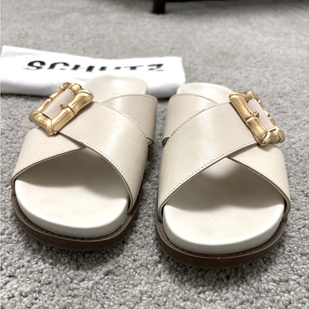 Schutz Enola Crisscross Buckle Leather Sandals White Gold buckle slides Size 7.5 - Picture 4 of 11
